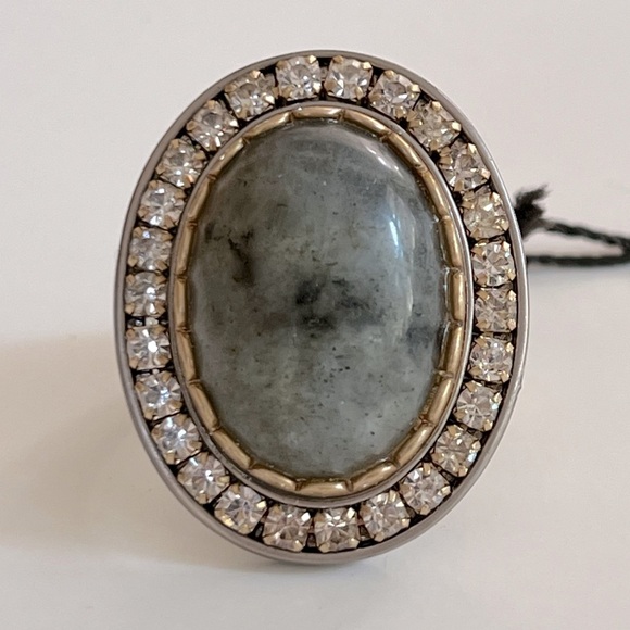 NWT Juicy Couture Labradorite & Faceted Crystal Oval 2-Tone Metal Statement Ring - Picture 2 of 8